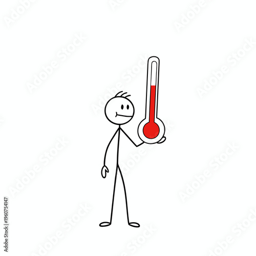 Outlined stickman holding a large red thermometer for body temperature check