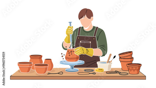 Artisan Shaping Pottery: A focused artisan meticulously shapes and sculpts a pottery vessel, showcasing the skill and dedication of the craft. Witnessing the careful process from concept to creation.