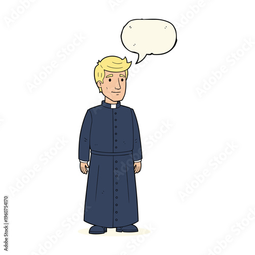 A cartoon illustration of a blonde-haired priest wearing a cassock and an empty speech bubble above his head