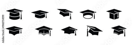 Graduation cap icon collection in clean black silhouette style. Education and academic symbols for school, learning, and success themes Vector Illustration