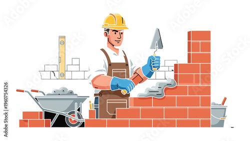 Builder's Craft: A skilled builder meticulously constructs a brick wall, showcasing precision and craftsmanship in their work, surrounded by tools of their trade.