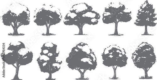 Collection of ten stylized gray trees with textured foliage and visible trunks nature