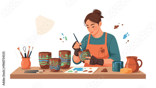 Artisan's Artistic Touch: A skilled artisan, enveloped in the creative process, delicately paints intricate designs onto earthenware.