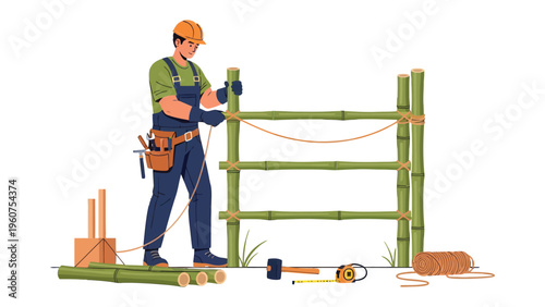 Craftsman and Bamboo Fence: A skilled craftsman meticulously constructs a bamboo fence, showcasing the artistry of traditional craftsmanship.
