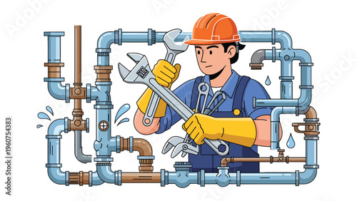 Plumber in Action: A skilled plumber in a hard hat and work gloves, meticulously repairs and maintains an intricate network of water pipes.