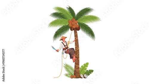 Palm Tree Climber's Harvest: A hardworking individual ascends a towering palm, their skilled movements reflecting dedication and the bounty of the tropics.