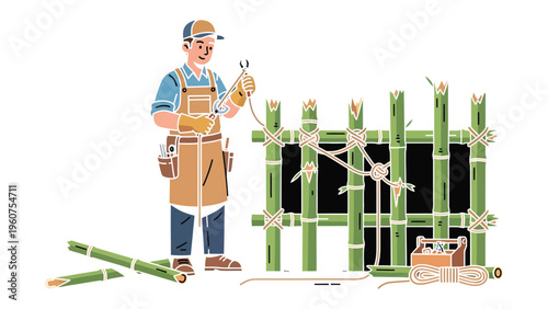 Crafting Bamboo Structure: A skilled artisan meticulously constructs a bamboo structure, showcasing traditional craftsmanship and sustainable design.