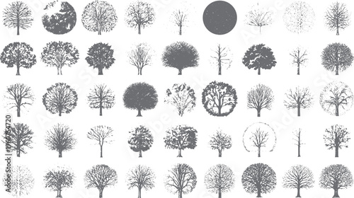 Collection of forty eight stylized grey trees and a circular shape on a white background nature forest