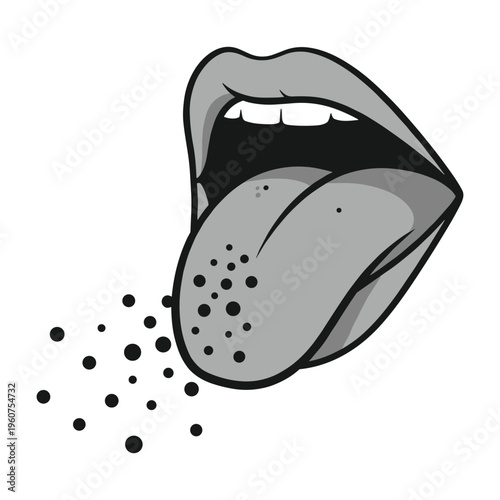 A monochromatic illustration of a mouth with an extended tongue, showing a textured surface and scattering particles