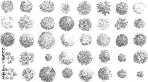 Collection of diverse grey textured circular shapes and organic forms created with stippling technique on white background