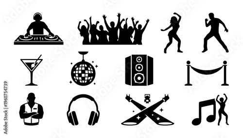 Nightclub Silhouette Icons Set – DJ, Dancing Crowd, Disco Ball, Party and Nightlife Collection