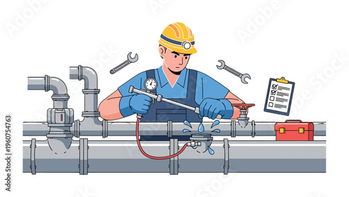 Plumber at Work: A skilled plumber meticulously inspects and repairs a section of pipework, utilizing professional tools with precision and expertise, symbolizing diligent work