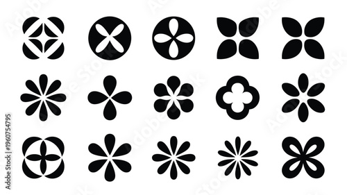 Collection of 16 abstract logo silhouettes geometric flower shapes and circular designs in black on white background for branding and design projects
