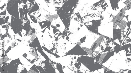 Abstract monochrome texture with geometric shapes and distressed patterns