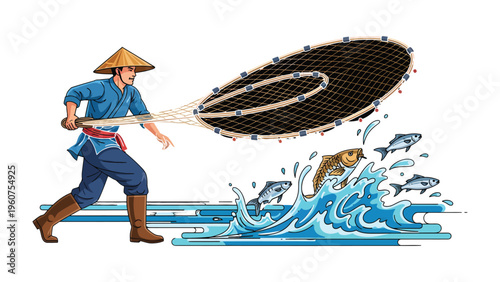 Harmony of the Fisherman: A fisherman casts his net into the lively waters, capturing a moment of tradition and resourcefulness.