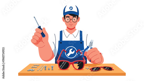 Precision Repair: A skilled technician meticulously repairs eyewear with tools, showcasing craftsmanship and attention to detail.