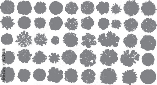 Collection of grey tree silhouettes with varied textures and shapes on a white background view