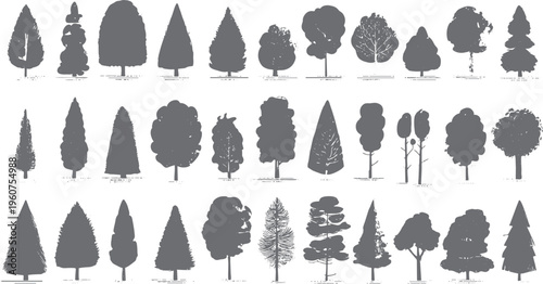 Collection of diverse grey tree silhouettes with varied shapes and textures on a white background