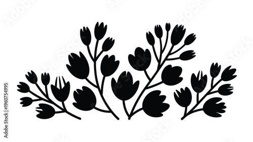 Black silhouette of blooming flowers and buds on stems isolated on white background floral design element