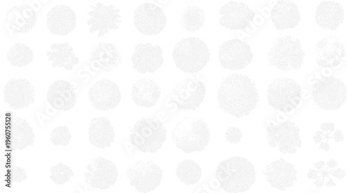 Collection of abstract organic shapes and clusters of small dots on a white background