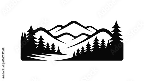 Black silhouette of pine trees and mountains landscape vector illustration