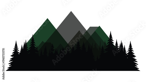 A minimalist vector illustration featuring a dark green and gray mountain range with silhouetted pine trees on a white background evoking a sense of nature and serenity
