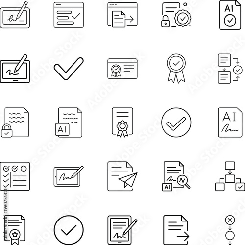 Document approval signature line vector icon set certificate checkmark digital tablet