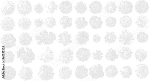 Collection of abstract organic shapes and patterns composed of small dots and swirling lines on a white background
