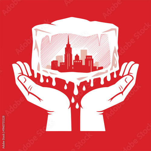 Hands Holding Melting Ice with City Inside Representing Urban Climate Risk and Global Warming Impact – Vector Illustration