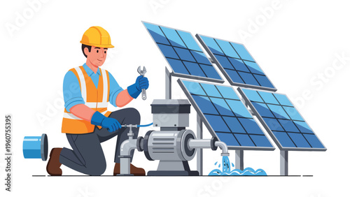 Solar Panel Technician in Action: A skilled technician, clad in safety attire, diligently inspects a solar panel system, ensuring optimal energy capture and a sustainable future.