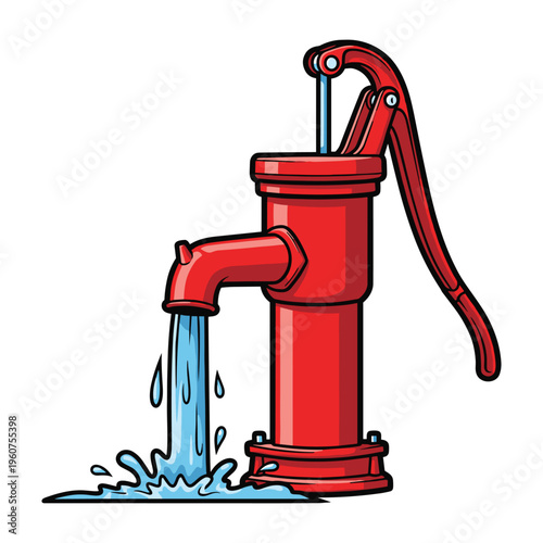 A vibrant red hand pump in a cartoon style, actively dispensing a stream of fresh blue water onto a white background