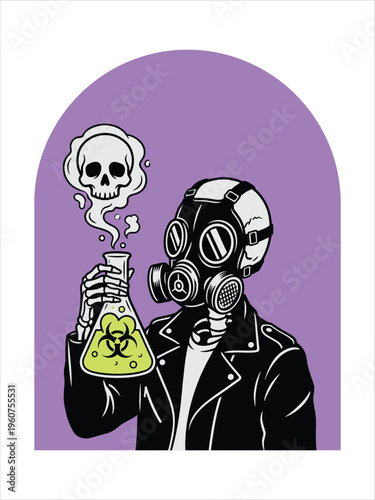 Edgy Skeleton in Gas Mask with Biohazard Flask Graphic Illustration