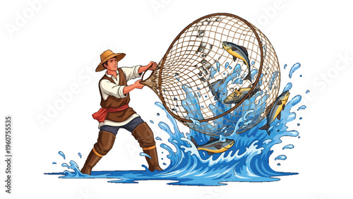 Fisherman's Bounty: A determined fisherman skillfully hauls in his net, a vibrant display of silver fish leaping amidst a surge of aquatic energy. Illustrative of the age-old pursuit.