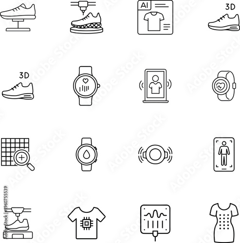 Future technology line vector icon set 3D printing smartwatch smart shirt shoe