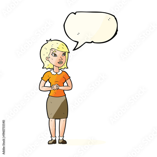 A cartoon illustration of a blonde woman in an orange shirt and brown skirt with a speech bubble above her head