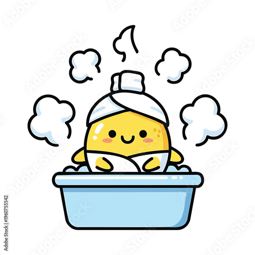 Cute lemon character relaxing in a warm bath with steam