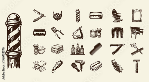 Vintage Barbershop Icon Set-Retro Shaving and Haircut Elements