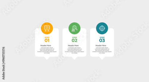 Three infographic elements labeled steps one two and three.