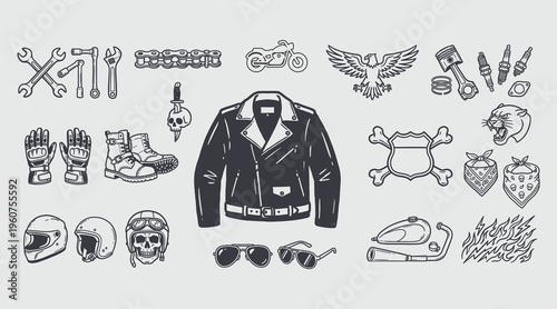 Vintage Biker Culture and Motorcycle Gear Vector Graphics Set