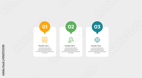 Threestep infographic with numbered colorful icons and placeholder text.