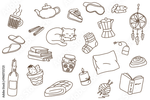 Cozy home lifestyle doodle icon set with teapot slippers sleeping cat candle books and hygge inspired outline elements