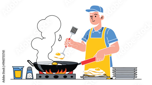 Chef's Breakfast Creation: A skilled chef meticulously prepares a delicious breakfast, frying eggs to golden perfection with expert precision, highlighting culinary excellence.