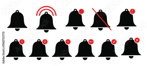 Bell reminder notification icon collection. Alert icon for incoming inbox message, ringing bell and notification number sign for alert and alarm.