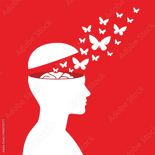 Open Head Releasing Butterflies Representing Creative Thinking, Mental Freedom and Imagination Unlocking – Vector Illustration