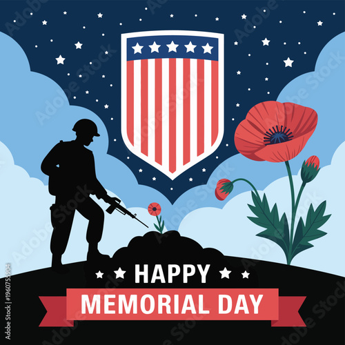 Soldier saluting American flag and Memorial Day text with poppy