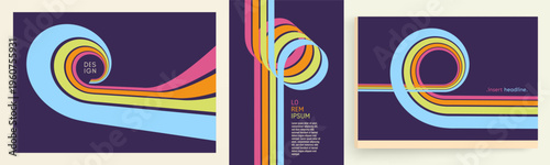 A retro 1970s-style background. Colorful stripes. Abstract curved ribbons form a loop. Dynamic lines. Space for text. Cover design template. Vector for brochure, poster, cover, card or presentation.