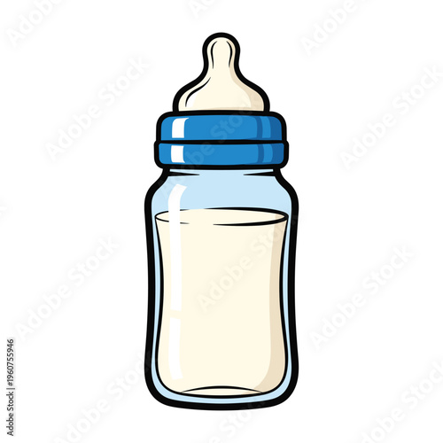 A cartoon illustration of a baby bottle filled with milk, featuring a blue ring and nipple