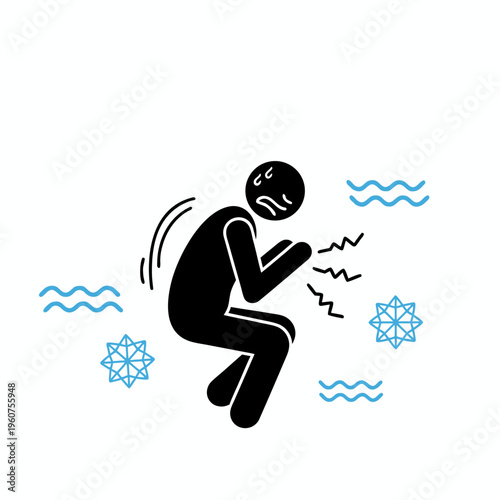 Stick figure person shivering in cold with snowflakes and sweat drops representing fever chills vector illustration