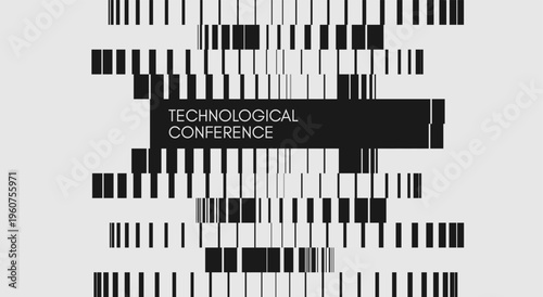 Technologycal conference event. Black and white image of multiple lines of different thicknesses with transition and shift effect. Dynamics for brochure, poster, cover, card, presentation or banner.