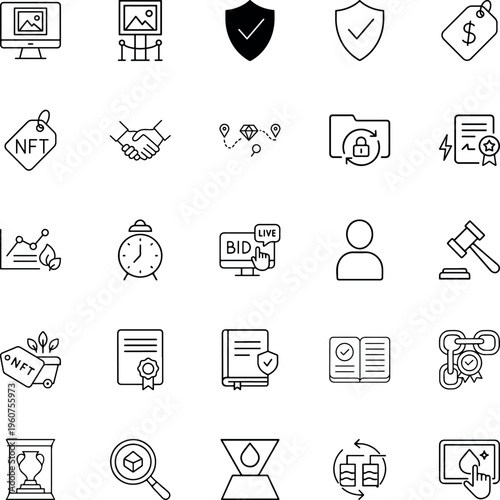 NFT blockchain digital asset line vector icon set nft tag shield gavel monitor